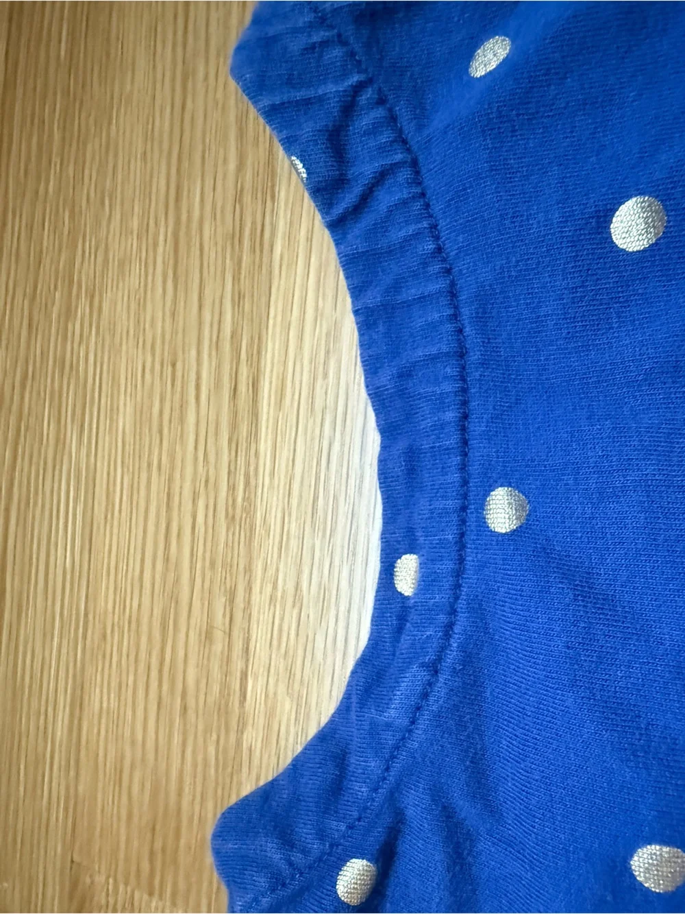 MiniBoden Girls' Blue dress with gold Polka Dot dress (size 5-6 years)